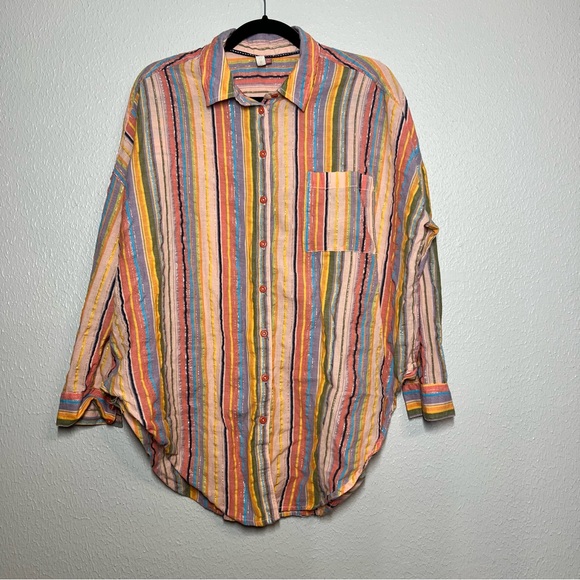 Anthropologie Pilcro Shirt Boyfriend Multicolored Striped Metallic Top Size L/XL - Picture 12 of 12